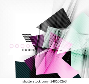 Triângulos de cores, fundo abstrato incomum. Composição 3d de papel realista com sombras e elementos brilhantes, layout de conceito origami