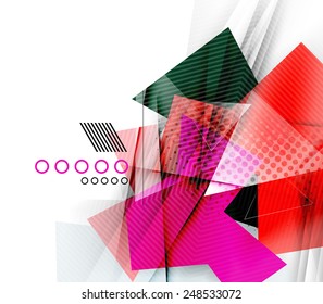 Color triangles, unusual abstract background. Realistic paper 3d composition with shadows and glossy elements, origami concept layout