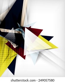 Farbdreiecke, ungewöhnlicher abstrakter Hintergrund. Realistisches 3D-Papier mit Schatten und glänzenden Elementen, Origami-Konzeptlayout