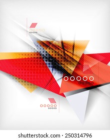Color triangles, unusual abstract background. Realistic paper 3d composition with shadows and glossy elements, origami concept layout
