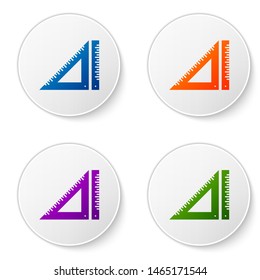 Color Triangular ruler icon isolated on white background. Straightedge symbol. Geometric symbol. Set icons in circle buttons. Vector Illustration