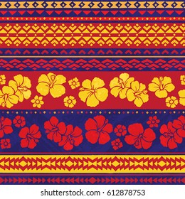 Color tribal vector seamless pattern with flowers. Fancy abstract geometric art print. Ethnic backdrop.