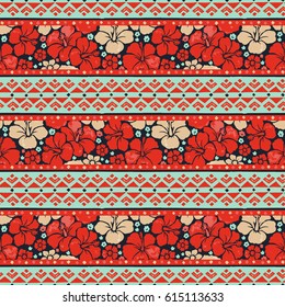 Color tribal vector seamless pattern with flowers. Fancy abstract geometric art print. Ethnic backdrop.
