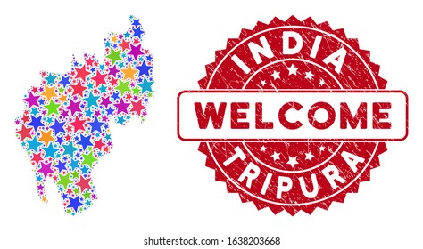 Color Tripura State map composition of stars, and scratched round red WELCOME seal. Abstract territory plan in bright color tinges. Vector Tripura State map is designed with bright stars.