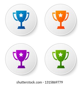 Color Trophy cup icon isolated on white background. Award symbol. Champion cup icon. Set color icon in circle buttons. Vector Illustration