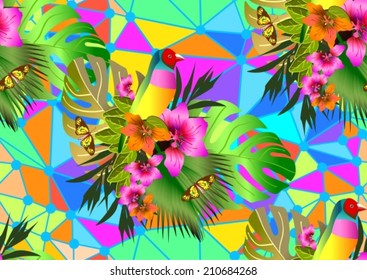 Color tropical flowers and leaves seamless background, bright vibrant kaleidoscope illustration, VECTOR