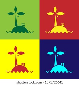 Color Tropical island in ocean icon isolated on color background. Landscape with ocean and palm trees. Travel.  Vector Illustration