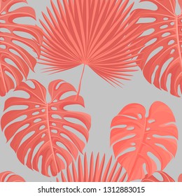 Сoral color tropical leaves seamless pattern. Trendy 2019 year color background texture for cards, hand drawn stroks backdrop invitations, posters, cards. Vector illustration stock vector.