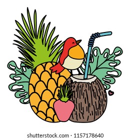 color tropical pineapple with coconut beverage and exotic bird