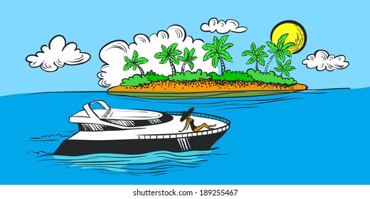 Color tropical seascape with yacht and island