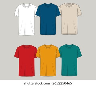 T-shirts coloridas vetor visão frontal conjunto isolado.T-shirt realista em design de estilo plano. Camiseta de algodão unisex homem. mulher polo roupa. Coleção de t-shirts coloridas. 