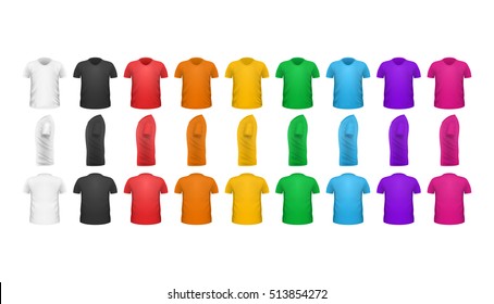 Color T-shirts front view vector set isolated. Colorful t-shirts collection. Realistic t-shirt in flat style design. Casual men wear. Cotton t-shirt unisex man woman polo outfit. Fashionable apparel.
