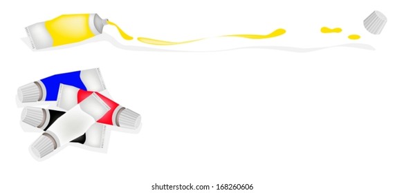Color Tube of White, Black, Blue and Red with Yellow Color Paint From A Tube for Draw and Paint A Picture Isolated on White Background 