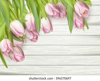 Color tulips on wooden background with space for message. Top view. For Mother s Day, Woman s day or Wedding day. EPS 10 vector file included