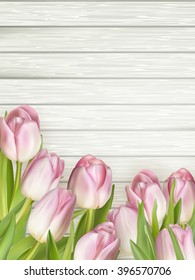 Color tulips on wooden background with space for message. Top view. For Mother s Day, Woman s day or Wedding day. EPS 10 vector file included