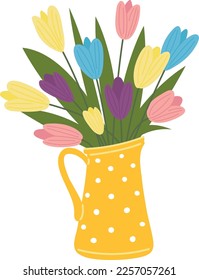 Color tulips in vase. Garden flowers bouquet icon