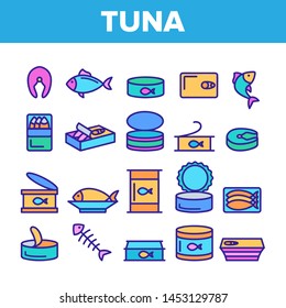 Color Tuna, Fish Products Vector Linear Icons Set. Raw, Cooked And Canned Tuna Outline Symbols Pack. Fresh Uncooked And Prepared Seafood. Fish Steak, Sea Food Isolated Contour Illustrations