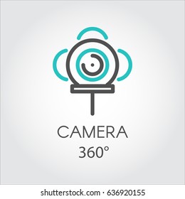 Color turquoise and dark grey flat icon style line art. Outline symbol with stylized image 3D technology camera 360. Stroke vector logo VR Visibility three hundred and sixty degrees linear pictogram.
