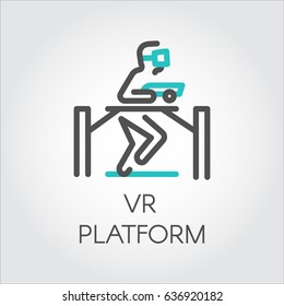 Color turquoise and dark grey flat simple icon in style line art. Outline symbol with stylized image technology device game virtual reality platform. Stroke vector logo man and VR helmet, controllers.
