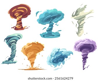 Color twisted tornado. Tropical storms, magic whirlwinds and vortex, dangerous phenomenon, cartoon isolated typhoon effects, swirl windstorm, cyclones in spiral form, vector catastrophe set