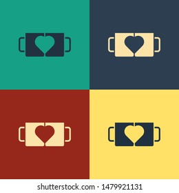 Color Two coffee cup and heart icon isolated on color background. Couple coffee for lovers on Valentines Day. Vintage style drawing. Vector Illustration