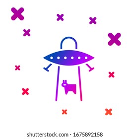Color UFO abducts cow icon isolated on white background. Flying saucer. Alien space ship. Futuristic unknown flying object. Gradient random dynamic shapes. Vector Illustration