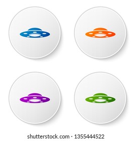 Color UFO flying spaceship icon isolated on white background. Flying saucer. Alien space ship. Futuristic unknown flying object. Set color icon in circle buttons. Vector Illustration