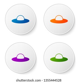 Color UFO flying spaceship icon isolated on white background. Flying saucer. Alien space ship. Futuristic unknown flying object. Set color icon in circle buttons. Vector Illustration