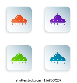 Color UFO flying spaceship icon isolated on white background. Flying saucer. Alien space ship. Futuristic unknown flying object. Set icons in square buttons. Vector Illustration