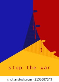 The color of the Ukrainian flag against the background of a red ribbon and missiles with bombers. Poster design calling to stop the war in Ukraine and pray for the salvation of lives