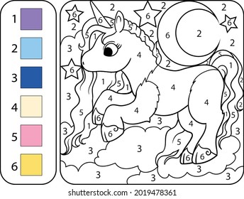Color unicorn by numbers. Cartoon Coloring Book for Kids - Education Worksheet