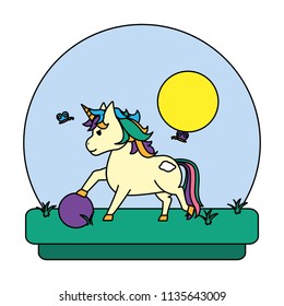 color unicorn with hairstyle playing wih ball in the landscape
