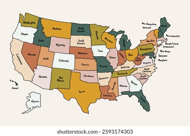 Color United State of American Map with Name Capital Cities. Country America Usa Geography Poster. Travel Land Vector Illustration