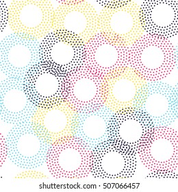 Color universal geometric seamless pattern in pointillism style. Endless vector circle texture can be used for wrapping wallpaper, fills, web background, surface textures, clothes
