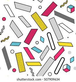 Color universal geometric seamless pattern in memphis style. Endless vector texture can be used for wrapping wallpaper, fills, web background, surface textures, clothes
