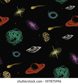 Color universe seamless pattern.Hand drawn galaxy with comets, asteroids, stars, planets and ufo