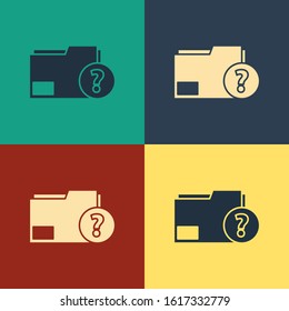 Color Unknown document folder icon isolated on color background. File with Question mark. Hold report, service and global search sign. Vintage style drawing. Vector Illustration