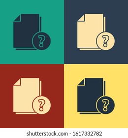 Color Unknown document icon isolated on color background. File with Question mark. Hold report, service and global search sign. Vintage style drawing. Vector Illustration