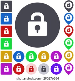 Color unlock icon, button, symbol set. Square, circle and pin versions.