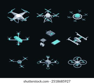 Color Unmanned Aerial Vehicles Set 3D Isometric View. Vector illustration of Drone with Camera for Monitoring and Control