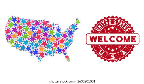 Color USA map collage of stars, and textured rounded red WELCOME stamp. Abstract territorial scheme in bright color tints. Vector USA map is organized of bright stars. Designed for political,