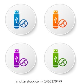 Color USB flash drive with screwdriver and wrench icon isolated on white background. Adjusting, service, setting, maintenance, repair, fixing. Set icons in circle buttons. Vector Illustration