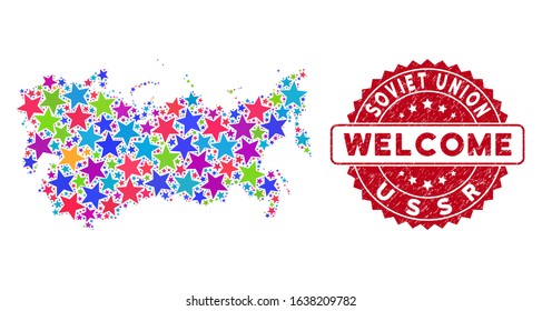 Color USSR map composition of stars, and textured round red WELCOME stamp seal. Abstract geographic plan in bright color tones. Vector USSR map is constructed of bright stars. Designed for political,