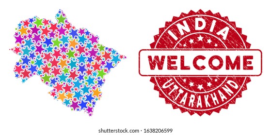 Color Uttarakhand State map collage of stars, and grunge rounded red WELCOME stamp. Abstract territory plan in colorful color tinges. Vector Uttarakhand State map is organized of color stars.