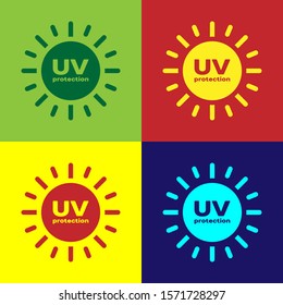 Color UV protection icon isolated on color background. Ultra violet rays radiation. SPF sun sign.  Vector Illustration
