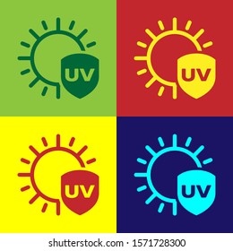 Color UV protection icon isolated on color background. Sun and shield. Ultra violet rays radiation. SPF sun sign.  Vector Illustration