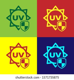 Color UV protection icon isolated on color background. Sun and shield. Ultra violet rays radiation. SPF sun sign.  Vector Illustration