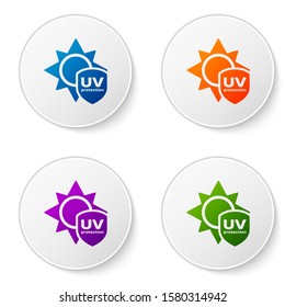 Color UV protection icon isolated on white background. Sun and shield. Ultra violet rays radiation. SPF sun sign. Set icons in circle buttons. Vector Illustration