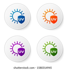 Color UV protection icon isolated on white background. Sun and shield. Ultra violet rays radiation. SPF sun sign. Set icons in circle buttons. Vector Illustration