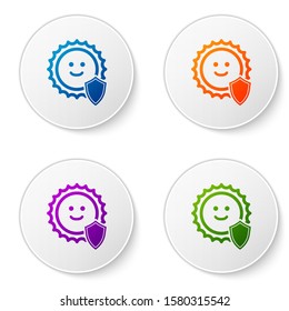 Color UV protection icon isolated on white background. Sun and shield. Ultra violet rays radiation. SPF sun sign. Set icons in circle buttons. Vector Illustration